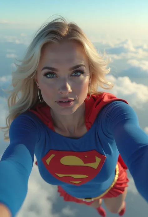 selfie style photo, pov, insanely sexy, ripped muscular busty, boobs supergirl wearing the orignal supergirl costume from 1950. ...