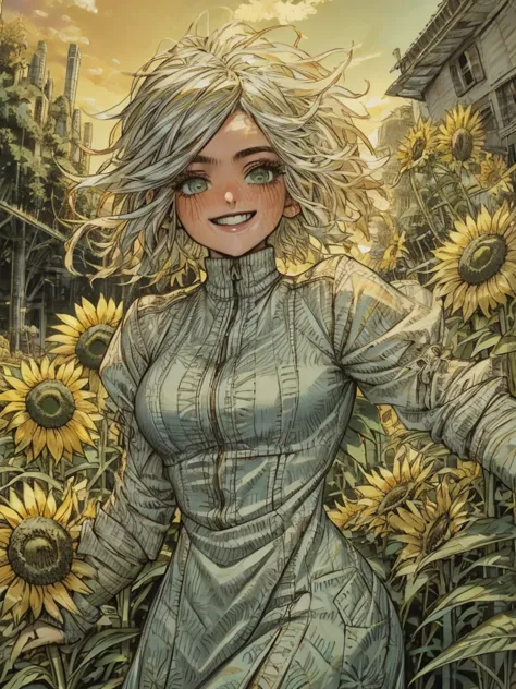 ((ultra detailed, masterpiece, best quality))
 w3ciri, 1girl, solo, white hair, green eyes, scar on face, surrounded by sunflowe...