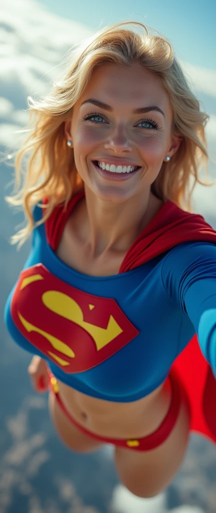 Selfie style photo, pov, INSANELY SEXY, RIPPED MUSCULAR BUSTY, OOBS SUPERGIRL WEARING THE ORIGNAL SUPERGIRL COSTUME FROM 1950. SOARING WHILE TAKING A SELFIE. 8k, high definition, visible cleavage