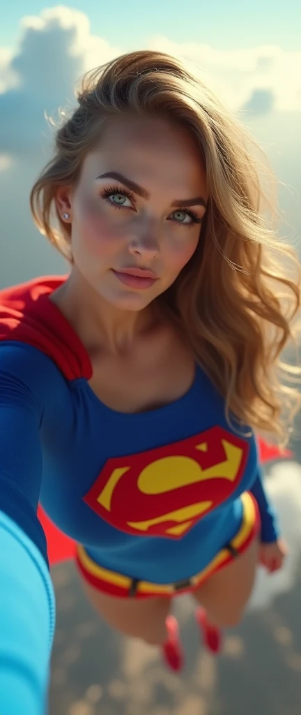 Selfie style photo, pov, INSANELY SEXY, RIPPED MUSCULAR BUSTY, OOBS SUPERGIRL WEARING THE ORIGNAL SUPERGIRL COSTUME FROM 1950. SOARING WHILE TAKING A SELFIE. 8k, high definition, visible cleavage