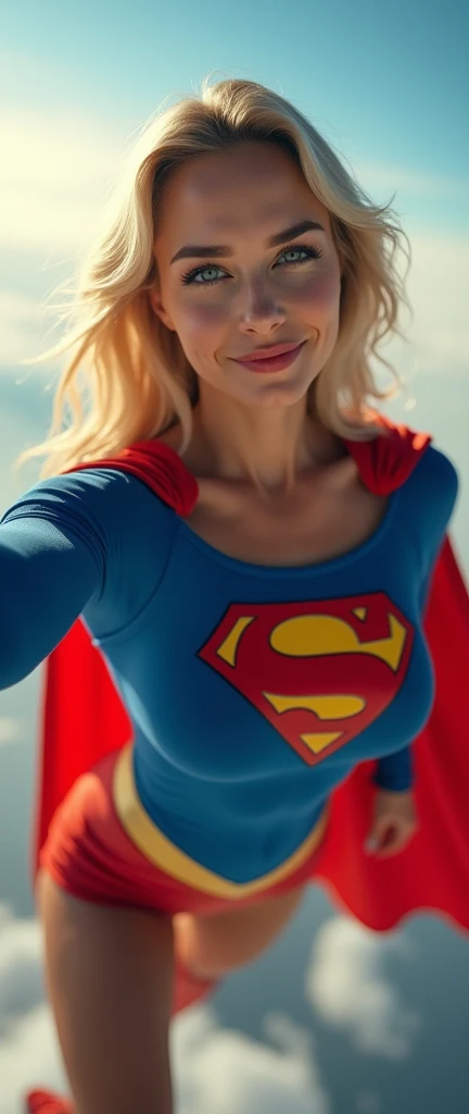 Selfie style photo, pov, INSANELY SEXY, RIPPED MUSCULAR BUSTY, OOBS SUPERGIRL WEARING THE ORIGNAL SUPERGIRL COSTUME FROM 1950. SOARING WHILE TAKING A SELFIE. 8k, high definition, visible cleavage