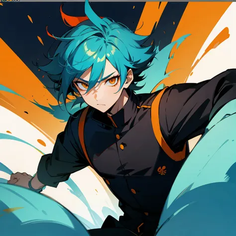 1 boy, turquoise hair, orange eyes, black uniform, handsome, orange eye liner, high quality, high quality