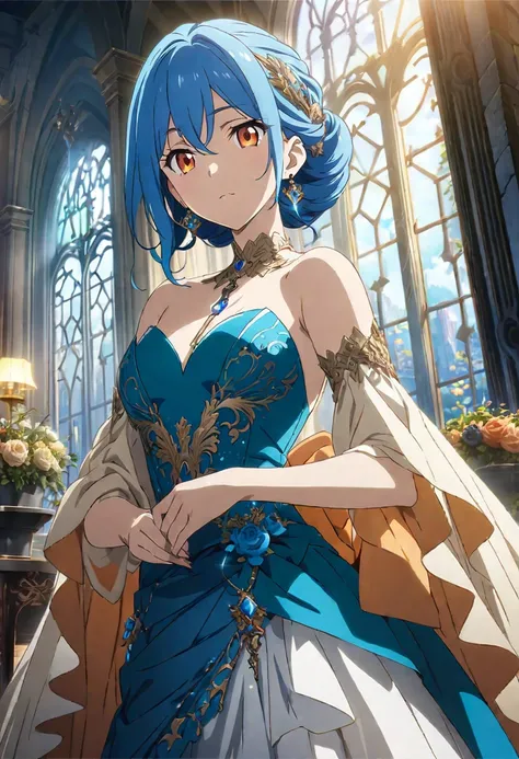 (masterpiece highest quality, highest quality, official art beautiful, beautiful:1.2) wearing fantasy formal clothing, key anime art, blue hair , orange eyes, female