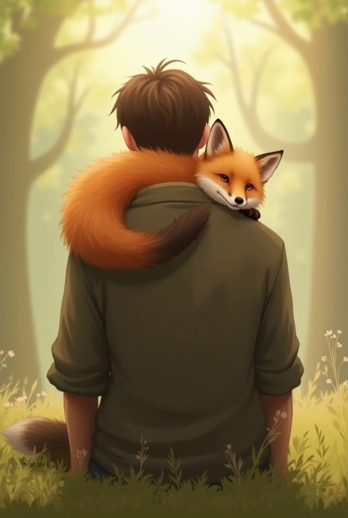  A fox lies on one persons shoulder（Both foxes and humans have their backs facing the camera，Cant see the faces of foxes and people）