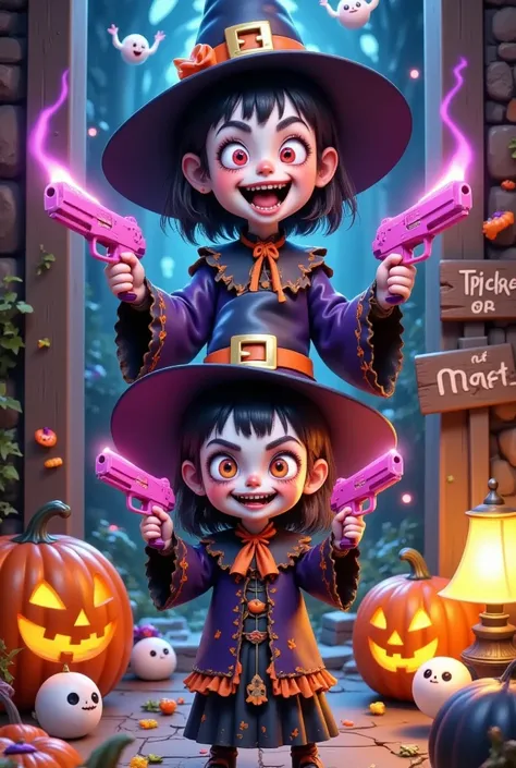 Crazy Halloween，crazy clown witch  ，      with a pink gun in both hands ，Target,  Theres a huge ghosts behind it， There is a wooden sign behind him that reads "Trick or treat" in the style of Don Blanding，Halloween theme，candy，   pumpkin lantern，      stro...