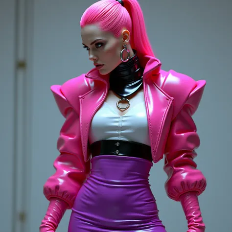 angelina jolie, vue de profil, latex brillant, dominatrice, chemisier en latex blanc, serre taille latex noir, costume longue jupe crayon en latex violet, ceinture latex noir, futuriste veste courte en latex rose fluo, larges épaulettes en latex rose fluo,...