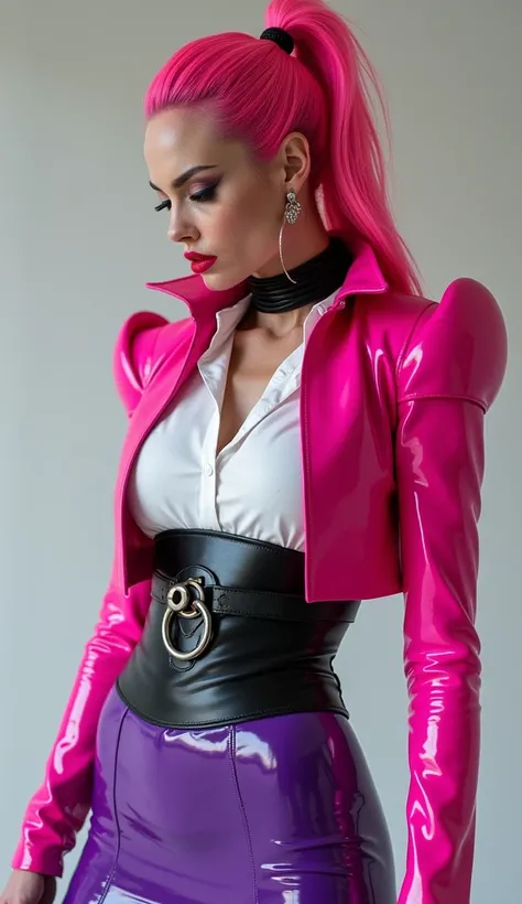 angelina jolie, vue de profil, latex brillant, dominatrice, chemisier en latex blanc, serre taille latex noir, costume longue jupe crayon en latex violet, ceinture latex noir, futuriste veste courte en latex rose fluo, larges épaulettes en latex rose fluo,...