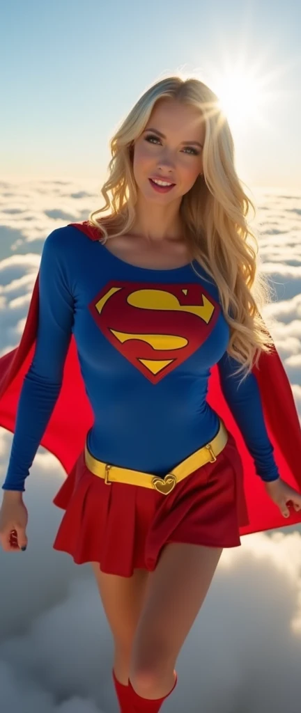 Selfie style photo, pov, INSANELY SEXY, RIPPED MUSCULAR BUSTY, bOOBS SUPERGIRL WEARING THE ORIGNAL SUPERGIRL COSTUME FROM 1950. SOARING WHILE TAKING A SELFIE. 8k, high definition