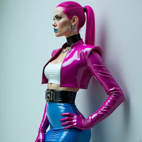 angelina jolie, vue de profil, latex brillant, dominatrice, chemisier en latex blanc, serre taille latex noir, costume jupe crayon en latex bleu, ceinture latex noir, futuriste veste courte en latex rose fluo, larges épaulettes en latex rose fluo, cuissard...