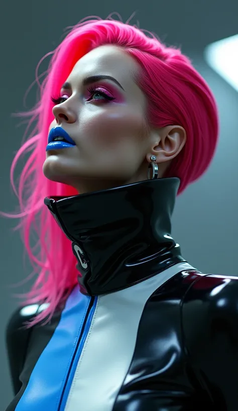 Angelina jolie, vue de profile, latex brillant, dominatrice, chemisier en latex blanc, serre taille latex noir, costume pantalon en latex bleu, ceinture latex noir, futuriste veste courte en latex rose fluo, larges épaulettes en latex rose fluo, cuissardes...