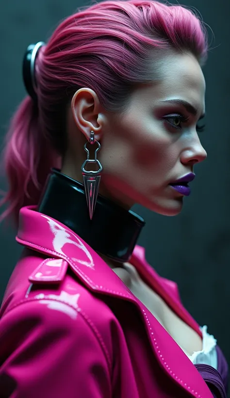 angelina jolie, vue de profil, latex brillant, dominatrice, chemisier en latex blanc, serre taille latex noir, costume longue jupe crayon en latex violet, ceinture latex noir, futuriste veste courte en latex rose fluo, larges épaulettes en latex rose fluo,...