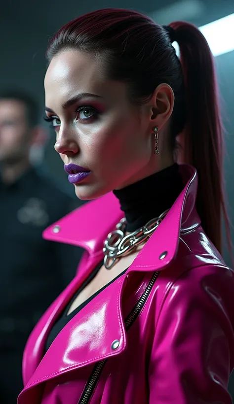 angelina jolie, vue de profil, latex brillant, dominatrice, chemisier en latex blanc, serre taille latex noir, costume longue jupe crayon en latex violet, ceinture latex noir, futuriste veste courte en latex rose fluo, larges épaulettes en latex rose fluo,...