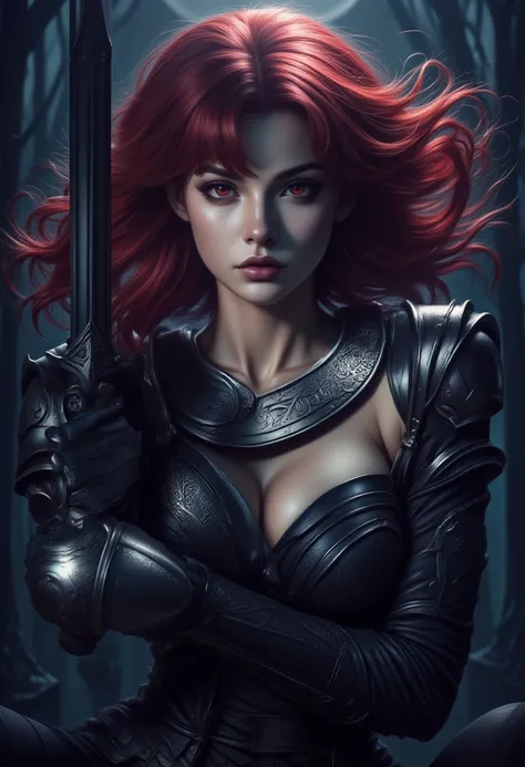 score_9, score_8_up, score_7 , Arafed, dark fantasy art, gothic art, a picturק of a vampire ready for battle, female vampire, red hair, (glowing eyes: 1.3), (vampire fangs: 1.3), armed with a silver sword, wearing heavy armor , armed with a sword, shining ...