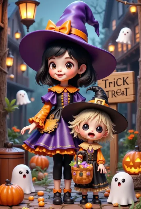 Halloween theme：cute little witch and scarecrow，Halloween theme，Carrying a candy basket in hand ，Candy and ghosts on the ground，3d，Model character，There is a wooden sign behind him that reads "Trick or treat" in the style of Don Blanding