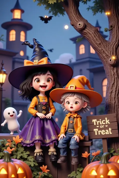 Pixar Style ,3d cartoon style,Halloween Night, A playful witch hat and scarecrow ,Sitting in a tree, There is a wooden sign behind him that reads "Trick or treat"  in the style of Don Blanding A clever blend of surrealist elements and modern cityscapes ,  ...