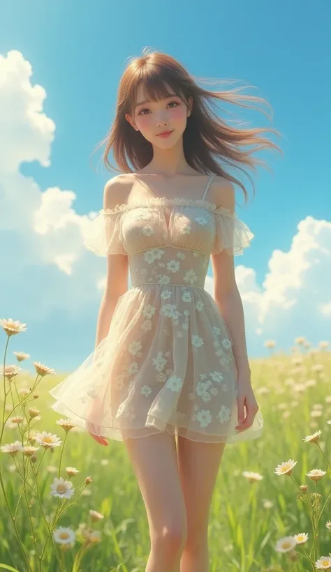 live-action， The full body of a Japanese realistic woman wearing a slightly transparent off-shoulder mini dress with a floral pattern， straw hat， angle from the front，The woman with the cutest face in the world ， perfect body， Perfect Proportions ，(((Super...