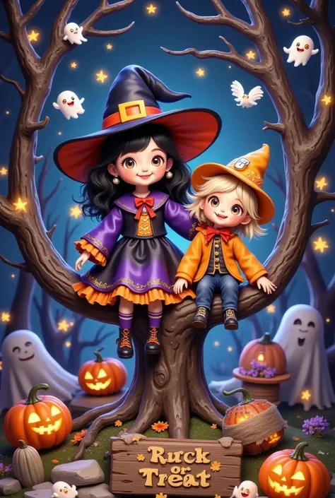 Halloween Night, A playful witch hat and scarecrow ,Sitting in a tree, There is a wooden sign behind him that reads "Trick or treat" in the style of Don Blanding 