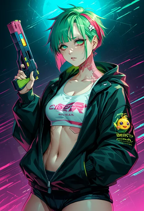 a woman with green eyes and a black jacket holding a gun, cyberpunk anime art, chica anime cyberpunk, best anime 4k konachan wal...