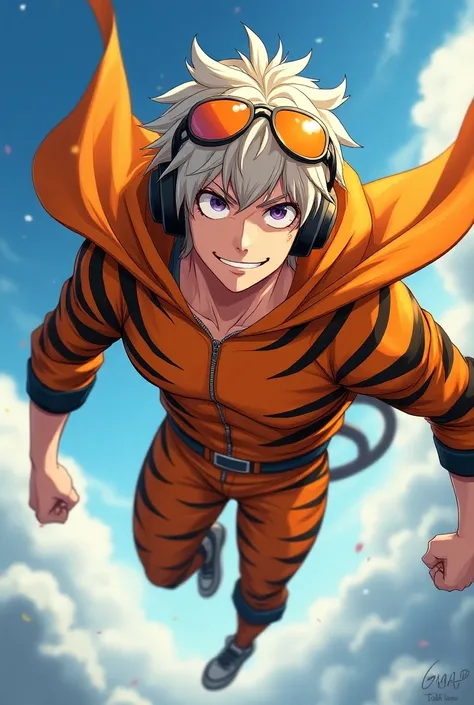 Draw in 2D anime style, A boy, that is husbando, that has ash blonde hair, that has violet eyes, has headphones, dressed in comic book hero clothes with a tiger look, Boku no Hero Academia hero costume, Boku no hero academia style, that his orange suit has...