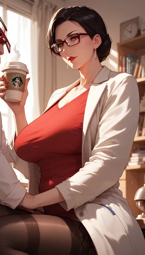 mother, milf, mature female, perfect face, perfect lighting, doctor, red shirt, doctor white coat, stocking, glasses, coffee