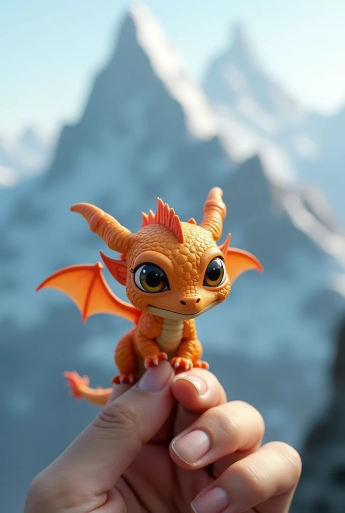  A tiny tiny orange dragon , Cute,  smiling ,  with wings , like a bat, From the series "Game of Thrones",  fits close-up on the index finger, against the background of high snow-capped mountains in the background .