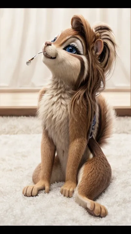 Brittany _Miller, one,chipmunk, slim body, fur detailing,with your eyes ,  with its paws, the perfect drawing of the eyes,маленькая chipmunk,  Long hair  ,  hairstyle nude, selects a hookah ,  tries to smoke,blows smoke ,  likes to smoke ,sitting in front ...