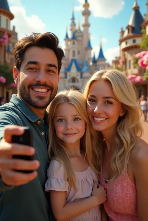 8K UHD, dslr camera, good quality, Fujifilm XT3:  blonde daughter  child blue eyes long hair father dark brown hair and brown eyes 30 years old, Green-eyed, long-haired blonde mom taking a super-detailed ultra realistic Disney selfie with several people 