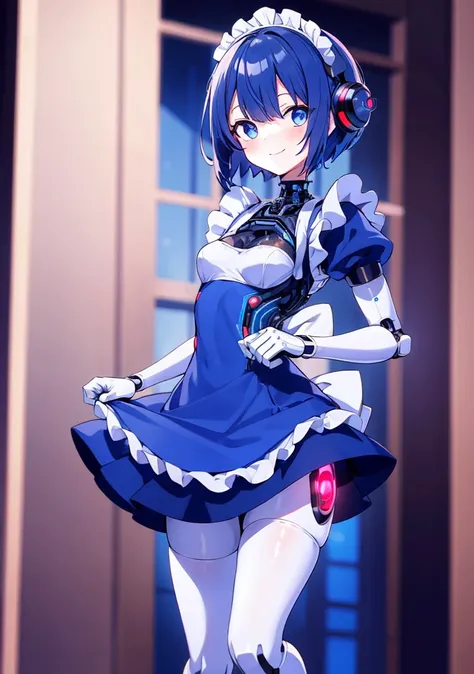 1 girl, solo, robot girl, robot maid, small breasts,  Smile , robot eyes,  short hair, hair bun ,  back, one bundle ,  scythe bundle ,  artistocratic hairstyle,  golden hair,  blue eyes ,  Seductive smile ,  Maids headdress , (((maid dress))), ((( Blue dre...