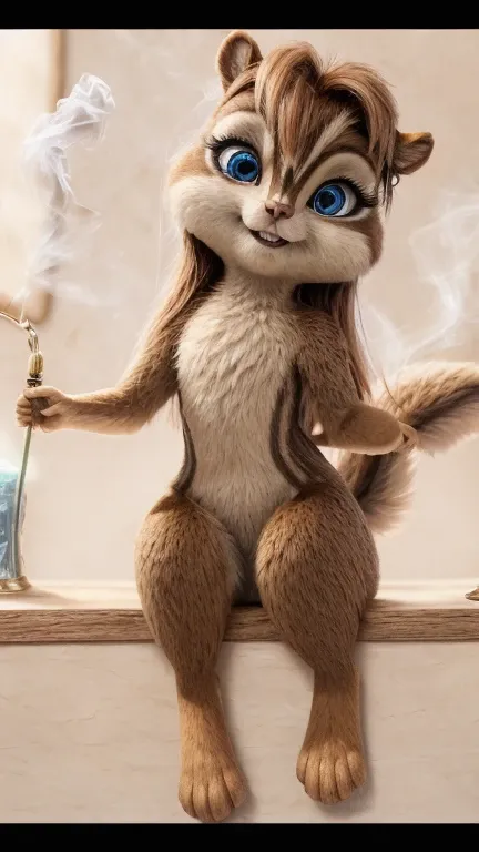 Brittany _Miller, one,chipmunk, slim body, fur detailing,with your eyes ,  with its paws, the perfect drawing of the eyes,маленькая chipmunk,  Long hair  ,  flesh-colored , selects a hookah ,  tries to smoke,blows smoke ,  likes to smoke ,sitting in front ...