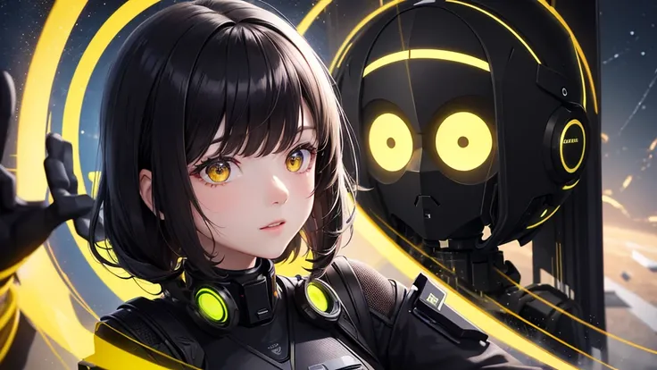 from future intelligence, technology background, complex mission, sudden mystery, unexpected result, unknown variables, strange data, confident look, space black pioneer dress, yellow eyes, black hair