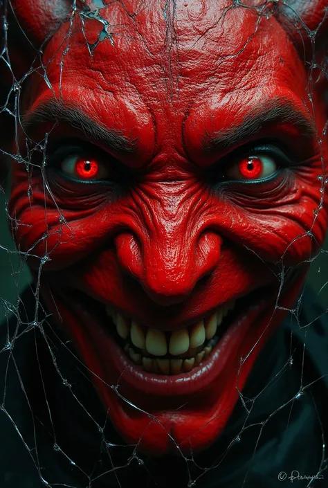 smiling red-faced demon, cracked mirror, many cracks in the mirror, reflections, detailed face, detailed eyes, insanely detailed...