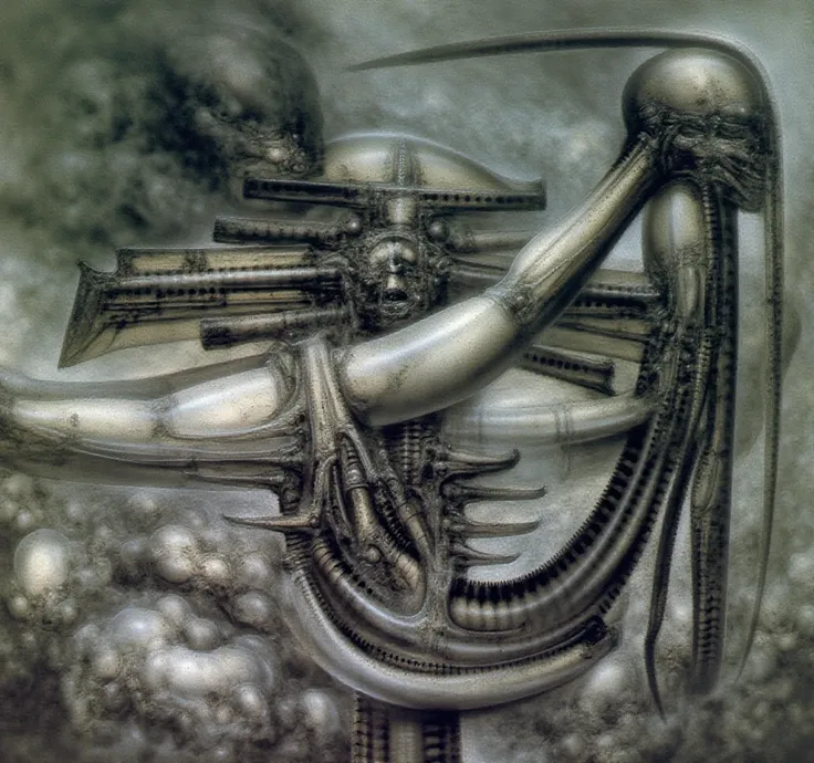 h. r. giger's g1g3r, , giger_style, the image is a detailed view of h.r. giger's \" necronom  iv \" plate, featuring biomechanic...