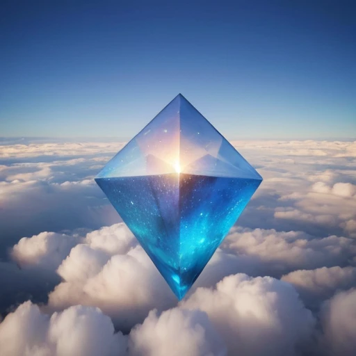 Best Quality, Ultra-fine, 16k, Original photo, Realistic,  very detailed, (  complex, translucent, giant geometric object  )   giant geometric object floating above clouds in the sky  , Mystical form,  fantasy world image ,  fantastic and mysterious ,  sun...