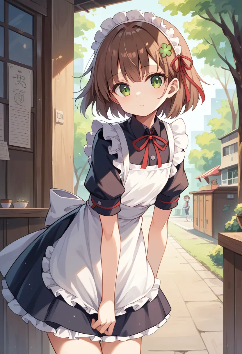 ( surreal), (8k), ( very detailed), (  best illustration  ), cafe。 maid clothes。.flat chest。。 short hair。brown hair。 large red r...