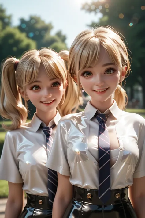 2 girls buttoned in extremely tight shiny latex blouse with pattern, Necktie, double ponytails, Blonde hair, smile, Lens reflection, Reflected light, are in the park 