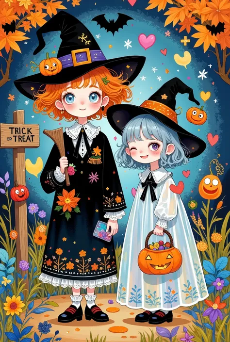 cute scarecrow holding a scythe in his hand，lol，teeth。ghost：1.37，pumpkin candy basket full of candy，wearing a witch hat, wooden ...