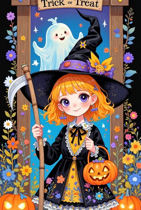 cute scarecrow holding a scythe in his hand，lol，teeth。ghost：1.37，pumpkin candy basket full of candy，wearing a witch hat, wooden ...