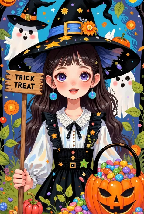 beautiful young girl ，lol，teeth。ghost，pumpkin candy basket full of candy，wearing a witch hat, wooden sign behind her in Don Blanding style reads "Trick or treat", highly detailed, vibrant colors, glowing and luminescent effects, 8K resolution