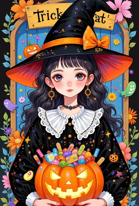 beautiful young girl ，ghost，pumpkin candy basket full of candy，wearing a witch hat, wooden sign behind her in don blanding style...