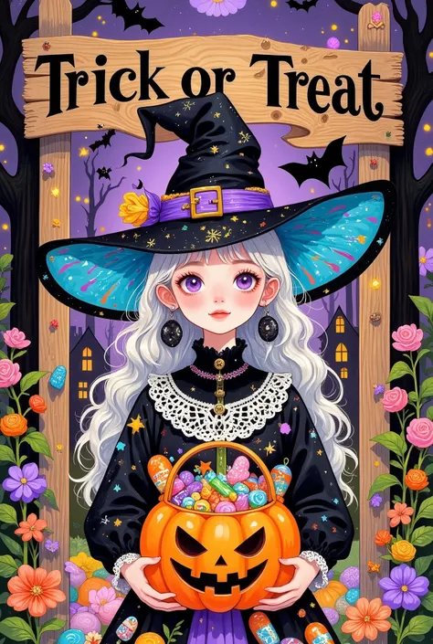 beautiful young girl ，ghost，pumpkin candy basket full of candy，wearing a witch hat, wooden sign behind her in don blanding style...