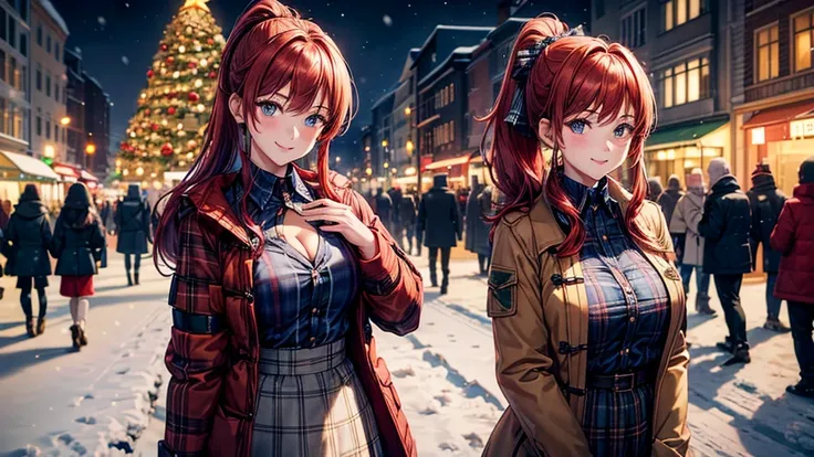 1girl, ((mature girl)), solo, christmas, ((christmas tree)), street, night, lights, snow, red hair, ponytail, large full breasts, ((brown winter jacket)), dark blue eyes, ((blue checked shirt)), ((unbuttoned shirt)), cleavage, skirt, smile, looking at the ...