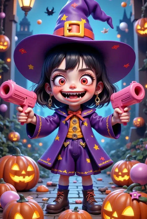  is " Halloween Midjourney " The title of the illustration in playful font .crazy clown witch ，     Holding a pink gun in both hands，Target,   Halloween theme，candy，  pumpkin lantern，    strong light and shadows  ,  Use fluorescent   ,   with fluorescent  ...