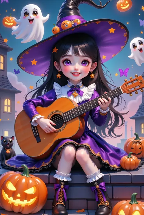 beautiful witch princess sitting on roof playing guitar，symmetrical hairstyle ，huge cute ghost , laugh out loud， unique，hallowee...