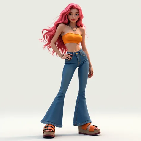 Full body shot of American Dragon character Rose wearing denim bell-bottomed pants, a tube top and platform birkenstock sandals. Detailed feet