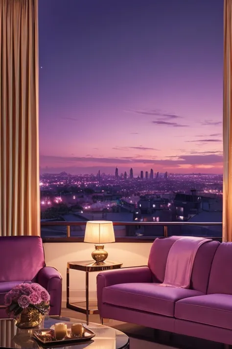 dreamy, luxurious living room with satin metallic furniture at twilight with a view overlooking of a city. gradient of purples a...