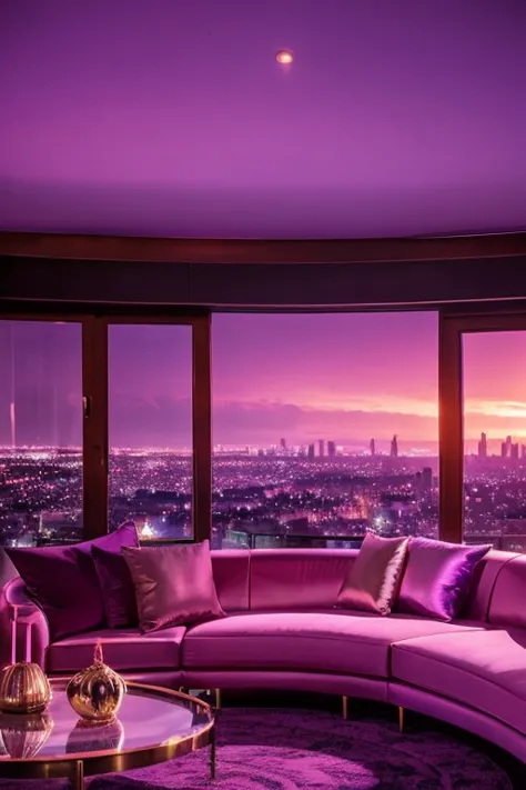 dreamy, luxurious living room with satin metallic furniture at twilight with a view overlooking of a city. gradient of purples a...