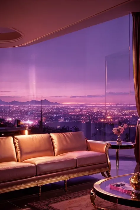 dreamy, luxurious living room with satin metallic furniture at twilight with a view overlooking of a city. gradient of purples a...