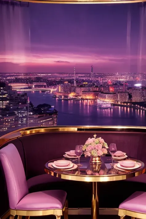 dreamy, luxurious dining room with satin metallic furniture at twilight with a view overlooking of a city. gradient of purples a...