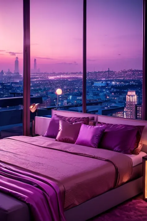 dreamy, luxurious bedroom with satin metallic furniture at twilight with a view overlooking of a city. gradient of purples and p...