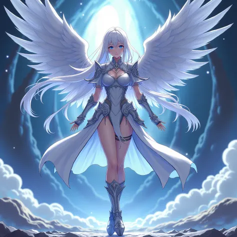 anime girl，White hair and blue eyes，With wings， Wearing Blue Clothes ，whole body， Knight Girl ，36 years old ，anime goddess，White-haired God，Angel Knight Girl， Armor Girl ， as a Mysterious Valerian， Wearing Lightweight Reflective Armor ， Aya Ayaka Impact ，G...